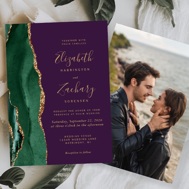 Invitation Emerald Green Gold Agate Photo Mariage violet (Créateur téléchargé)