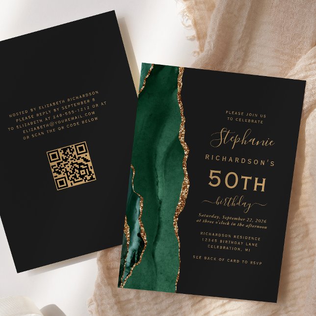 Invitation Emerald Green Gold Agate QR Code 50e anniversaire (Créateur téléchargé)