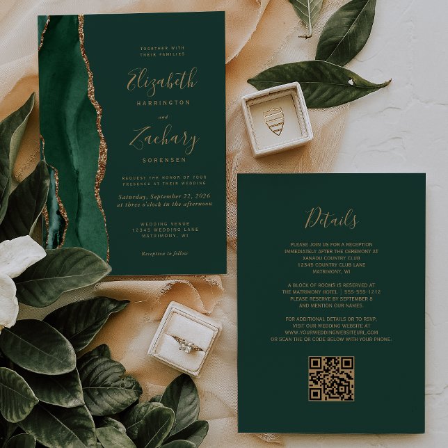 Invitation Emerald Green Gold Agate QR Code Mariage (Créateur téléchargé)