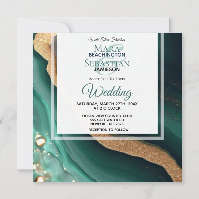 Invitation *~* EMERALD GREEN GOLD Agate RSVP QR AR66 Mariage (Devant)