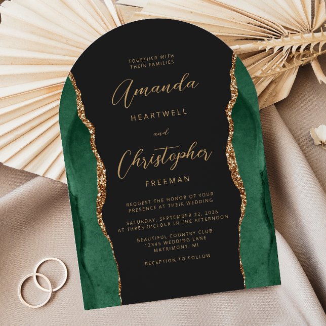 Invitation Emerald Green Gold Agate Script Dark Arch Mariage (Créateur téléchargé)
