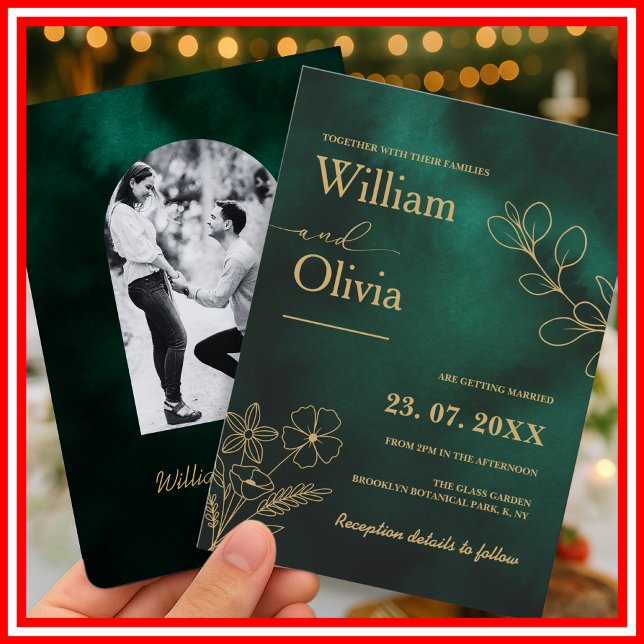 Invitation Emerald Green & Gold Botanical Photo Wedding (Créateur téléchargé)