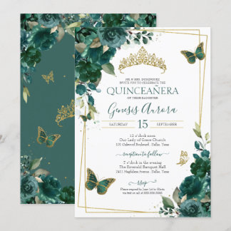 Invitation Emerald Green & Gold Butterfly Floral Quinceanera