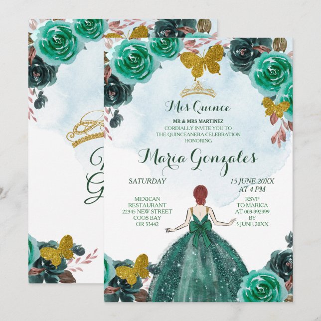 Invitation Emerald Green & Gold Butterfly Mis Quince 2 (Devant / Derrière)