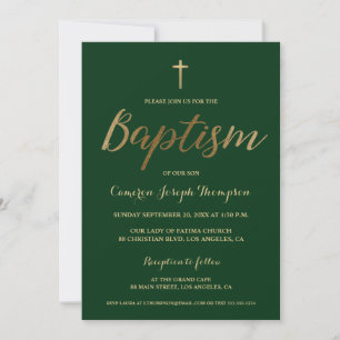 Invitation Emerald Green Gold Cross Custom Boy Baptism