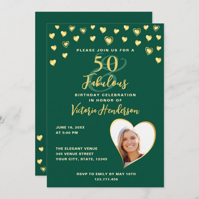Invitation Emerald Green & Gold Elegant 50e anniversaire (Devant / Derrière)