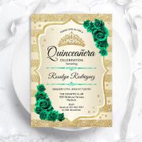 Emerald Green Gold Elegant Floral Quinceanera