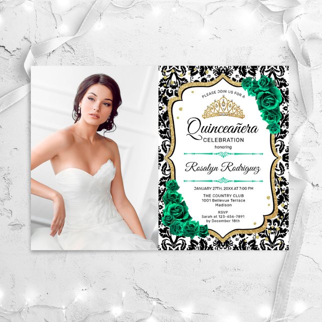 Invitation Emerald Green Gold Elegant Photo Quinceanera (Créateur téléchargé)