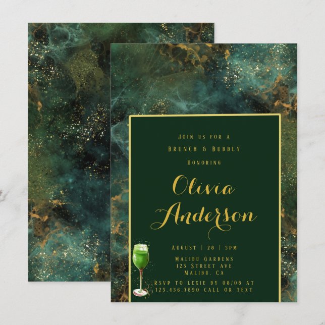 Invitation Emerald Green & Gold Fleck Brunch et Bubbly (Devant / Derrière)