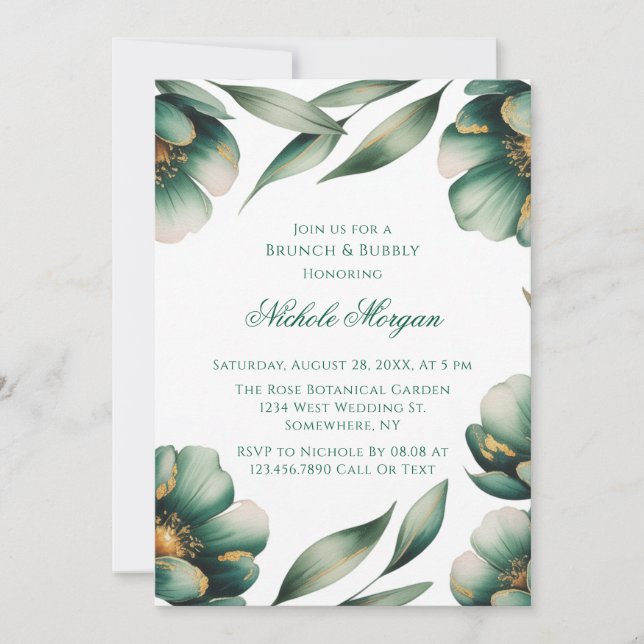 Invitation Emerald Green & Gold Floral Brunch & Bubbly (Devant)