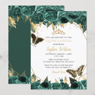 Invitation Emerald Green Gold Floral Butterfly Quinceañera