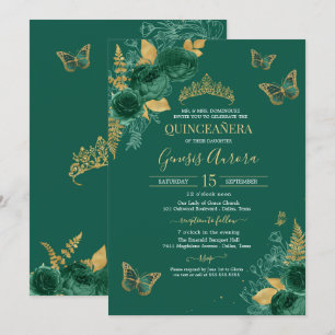 Invitation Emerald Green & Gold Floral Butterfly Quinceañera