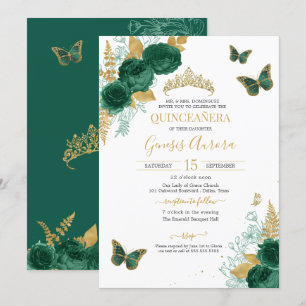 Invitation Emerald Green & Gold Floral Butterfly Quinceañera