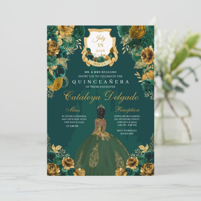 Invitation Emerald Green & Gold Floral Elegant Quinceañera (Debout devant)