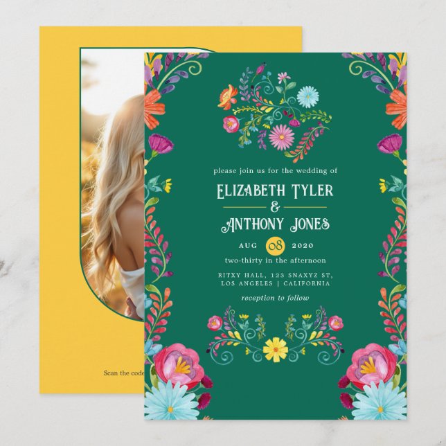 Invitation Emerald Green & Gold Floral Mexican Fiesta Wedding (Devant / Derrière)