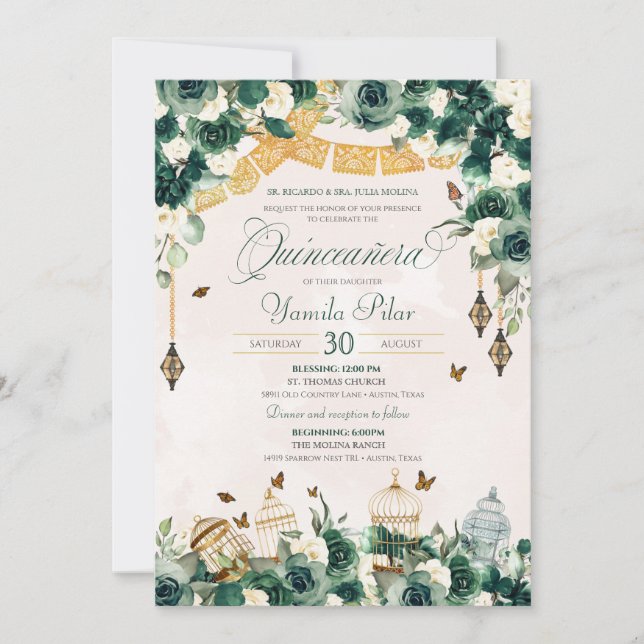 Invitation Emerald Green Gold Floral Papillons Quinceanera (Devant)