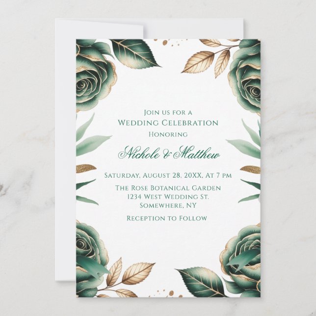 Invitation Emerald Green & Gold Floral Wedding Celebration (Devant)