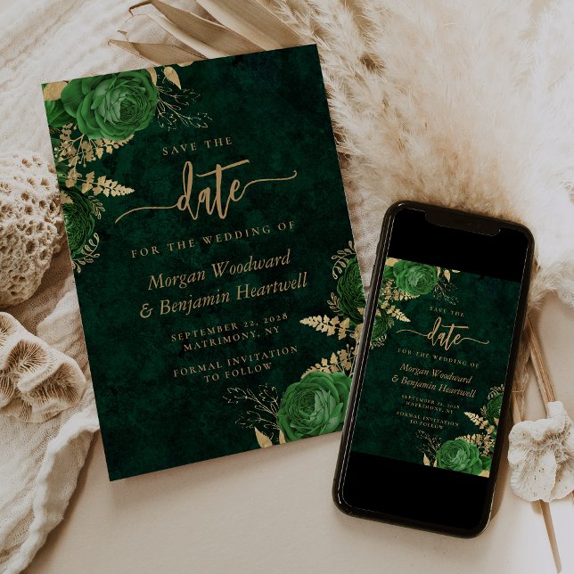 Invitation Emerald Green Gold Floral Wedding Enregistrer la d (Créateur téléchargé)