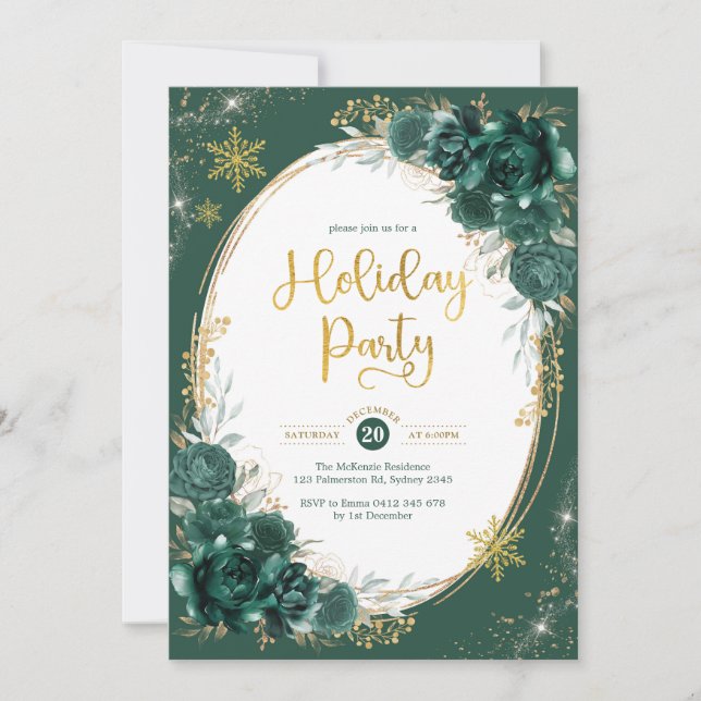 Invitation Emerald Green Gold Floral Winter Holiday Party (Devant)