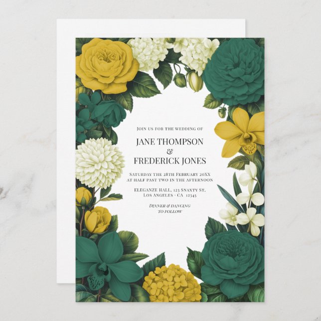 Invitation Emerald Green, Gold & Ivory Floral Wedding (Devant / Derrière)