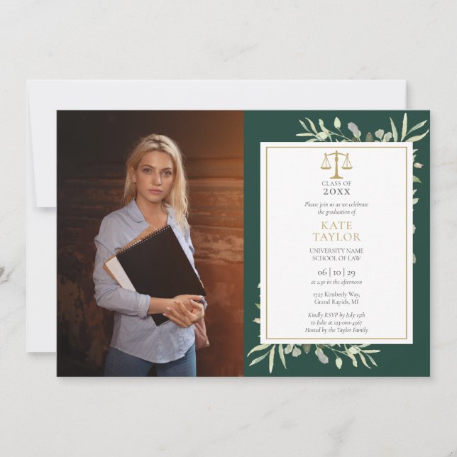 Invitation Emerald Green Gold Law School Photo (Devant)