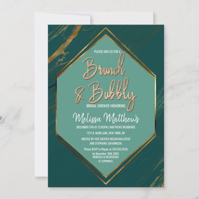 Invitation Emerald Green Gold Marbre géométrique Brunch (Devant)