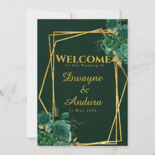 Invitation Emerald Green & Gold Mariage floral géométrique