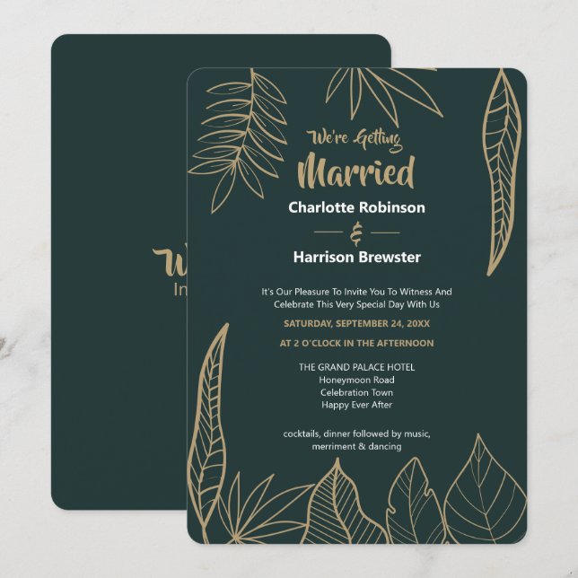 Invitation Emerald Green Gold Modern Drake Feuille Mariage (Devant / Derrière)