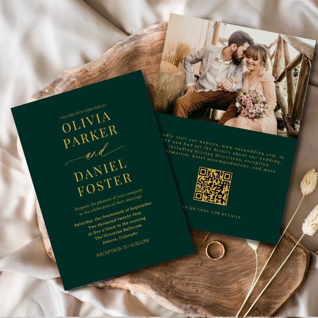 Invitation Emerald Green Gold QR Code Mariage photo classique (Créateur téléchargé)