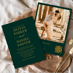Invitation Emerald Green Gold QR Code Photo Mariage élégant