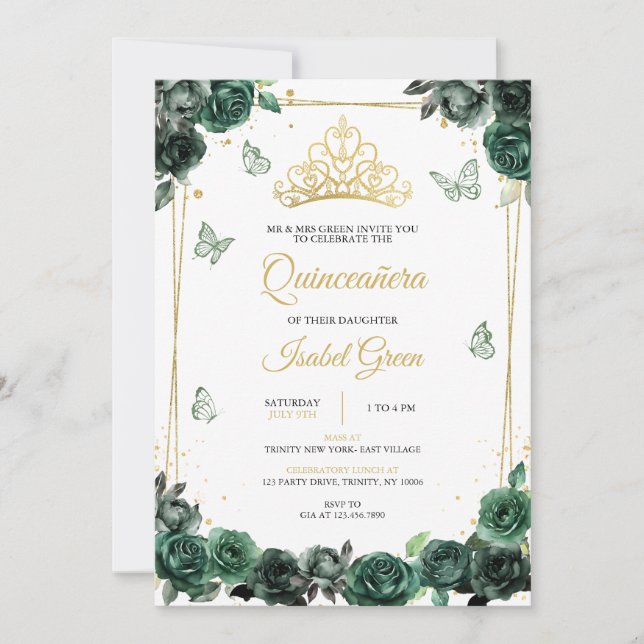 Invitation Emerald Green Gold Quinceañera (Devant)