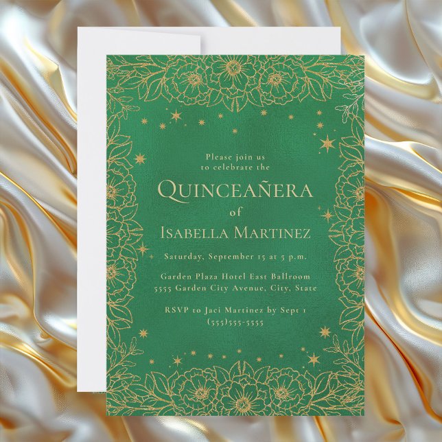 Invitation Emerald Green Gold Quinceañera Sweet 15 (Elegant emerald green and gold floral Quinceañera invitation)