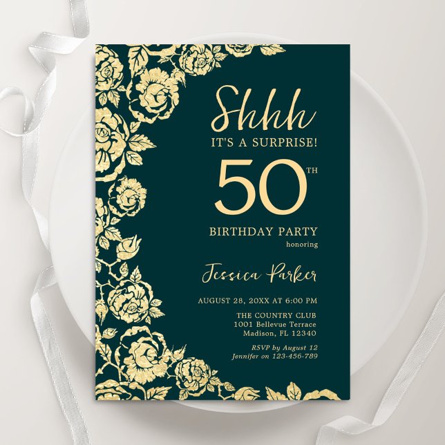Invitation Emerald Green Gold Roses Surprise 50e anniversaire (Créateur téléchargé)