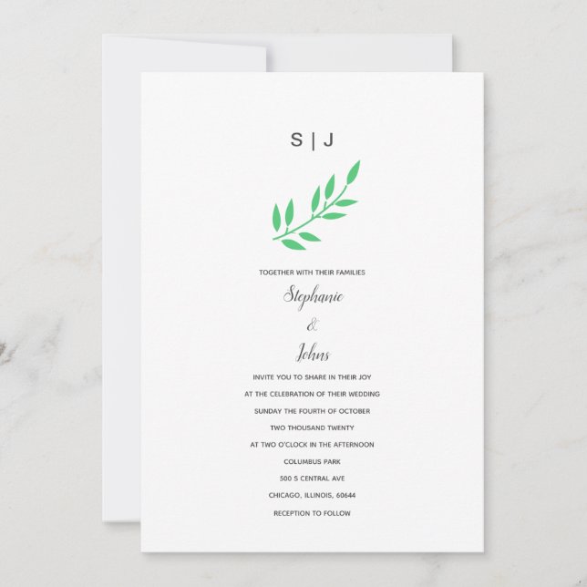 Invitation Emerald Green Leaf Grey Monogramme Nom Boho Mariag (Devant)