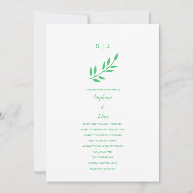 Invitation Emerald Green Leaf Monogramme Nom Boho Mariage 202 (Devant)