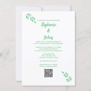Invitation Emerald Green Leaf Script Blanc QR Code Mariage