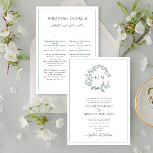 Invitation Emerald Green Leafy Crest Monogramme Détails Maria