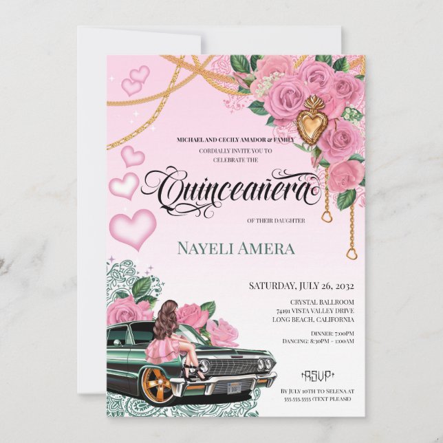 Invitation Emerald Green Lowrider Rose Rose Chola Quinceanera (Devant)