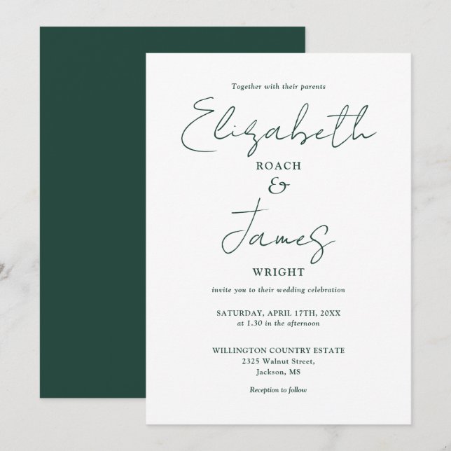 Invitation Emerald Green Minimalist Élégant Mariage de script (Devant / Derrière)