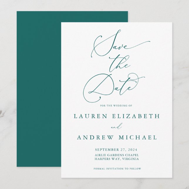 Invitation Emerald Green Minimalist Enregistrer la date Invit (Devant / Derrière)