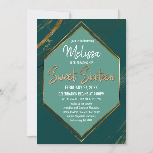 Invitation Emerald Green Mint Or Marbre géométrique Sweet 16 (Devant)