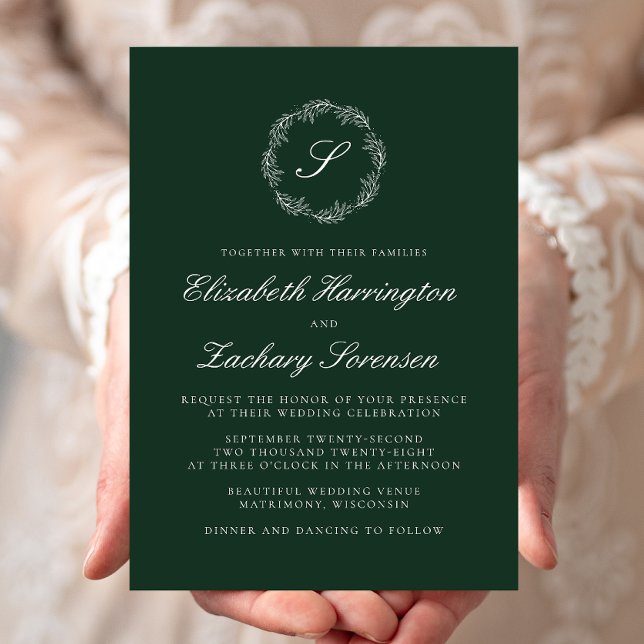 Invitation Emerald Green Monogram Wreath White Script Mariage (Créateur téléchargé)