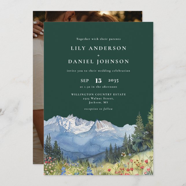 Invitation Emerald Green Mountain Wildflower Photo Wedding (Devant / Derrière)