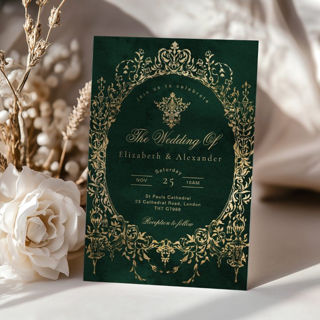 Invitation Emerald Green Ornate Emerald et or feuille Mariage (Créateur téléchargé)