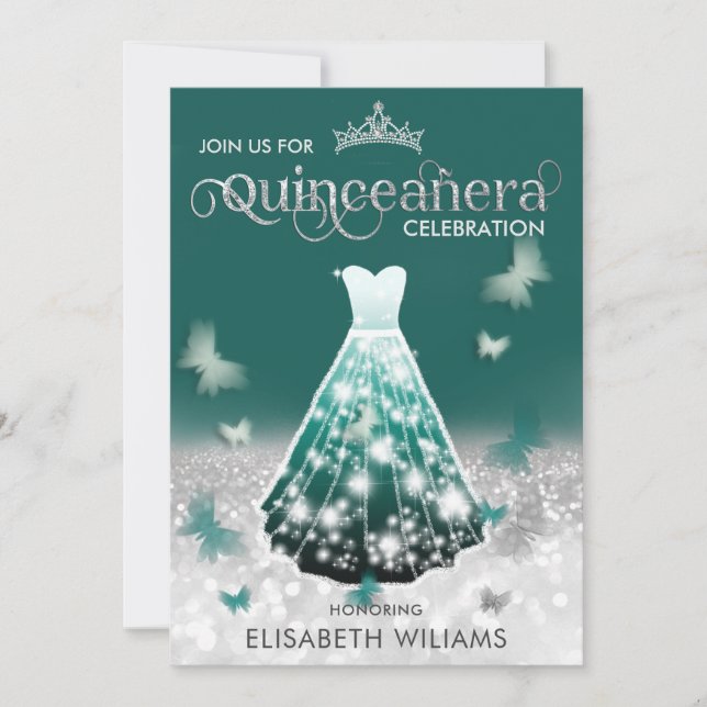 Invitation Emerald Green parties scintillant robe argent papi (Devant)