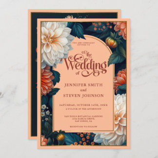 Invitation Emerald Green Pastel Peach Dahlia Mariage d'automn