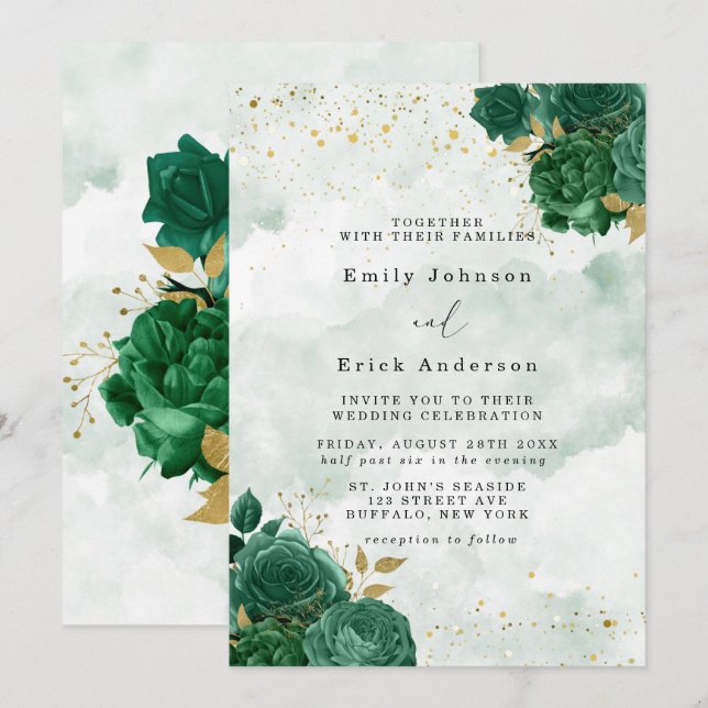 Invitation Emerald Green Peony Mariage de Parties scintillant (Devant / Derrière)