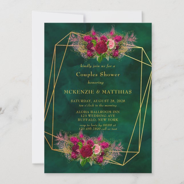 Invitation Emerald Green Peony Rose Couples Douche (Devant)