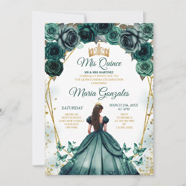 Invitation Emerald Green Princess Quinceañera Crown Floral (Devant)