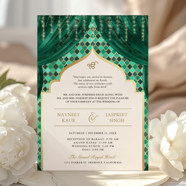 Invitation Emerald Green Quatrefoil or QR Code Mariage Sikh (Créateur téléchargé)